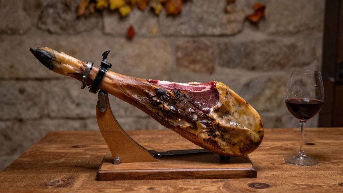 Imagen ilustrativa: detalle de una mesa de madera con un jamón ibérico y un cuchillo