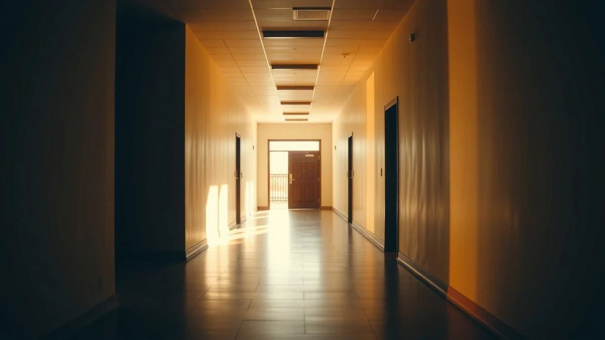 Pasillo vacío de la Universidad de Huelva con luz natural y sombras alargadas