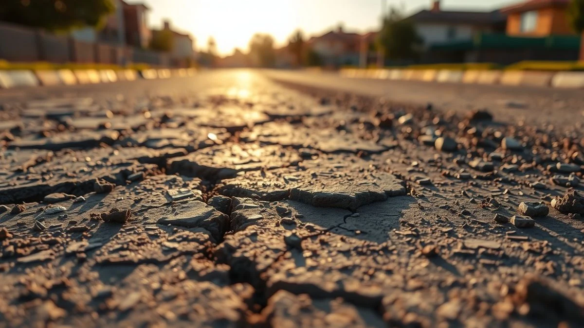 Suelo de asfalto agrietado y barro seco en un solar abandonado, con edificios residenciales al fondo desenfocados.