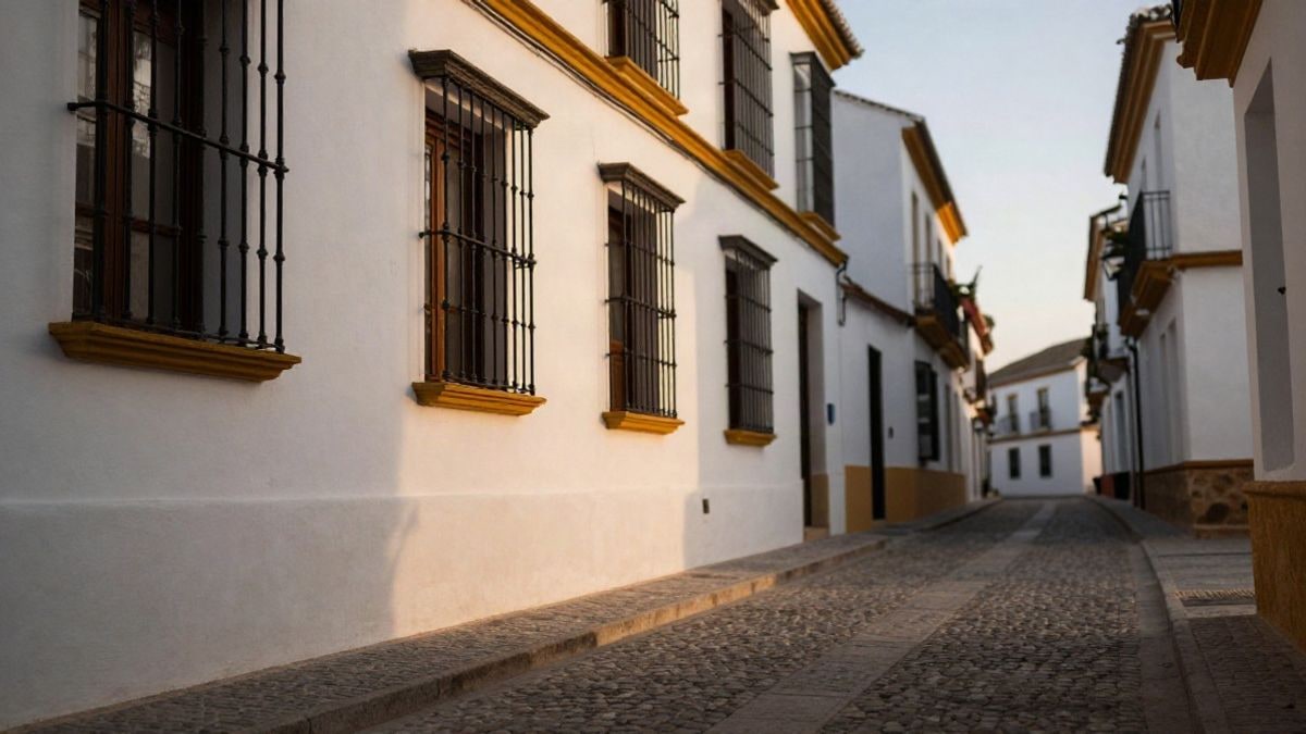 Imagen ilustrativa: calle empedrada de un pueblo andaluz al atardecer, con fachadas encaladas y luz cálida