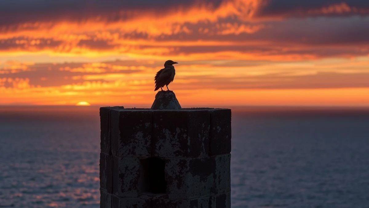 Gaviota posada en lo alto de una torre de piedra al atardecer, sobre el mar Atlántico.
