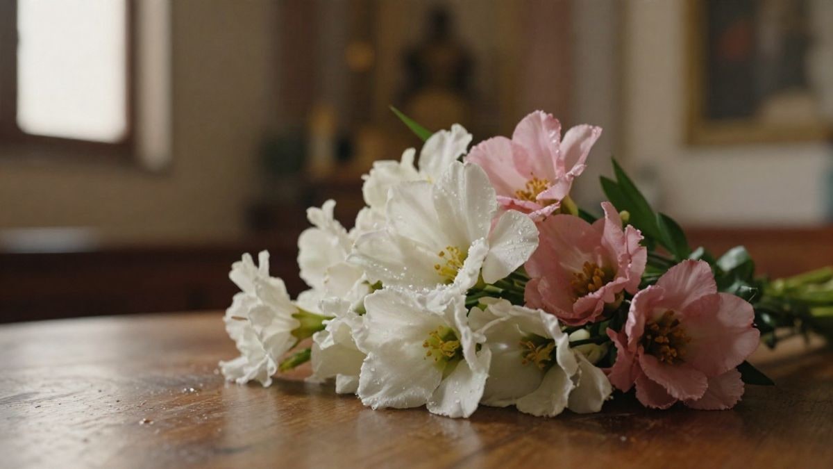 Imagen ilustrativa: primer plano de un ramo de flores frescas sobre una mesa de madera con una capilla desenfocada al fondo
