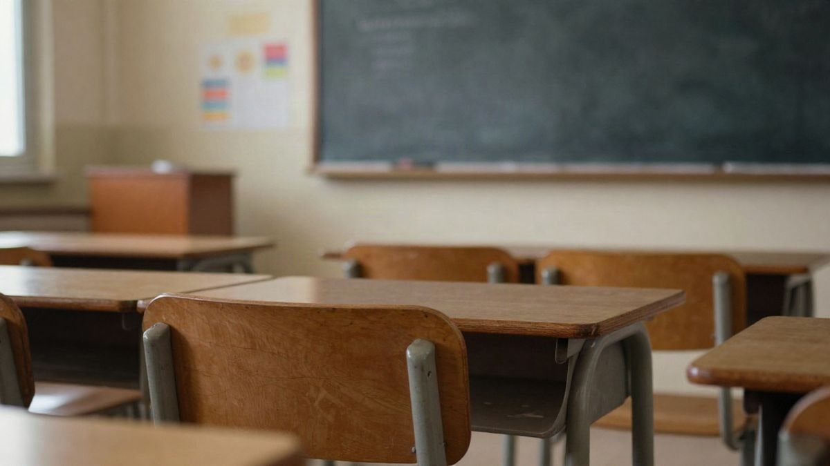 Imagen ilustrativa: aula escolar con pupitres y sillas vacíos junto a una ventana