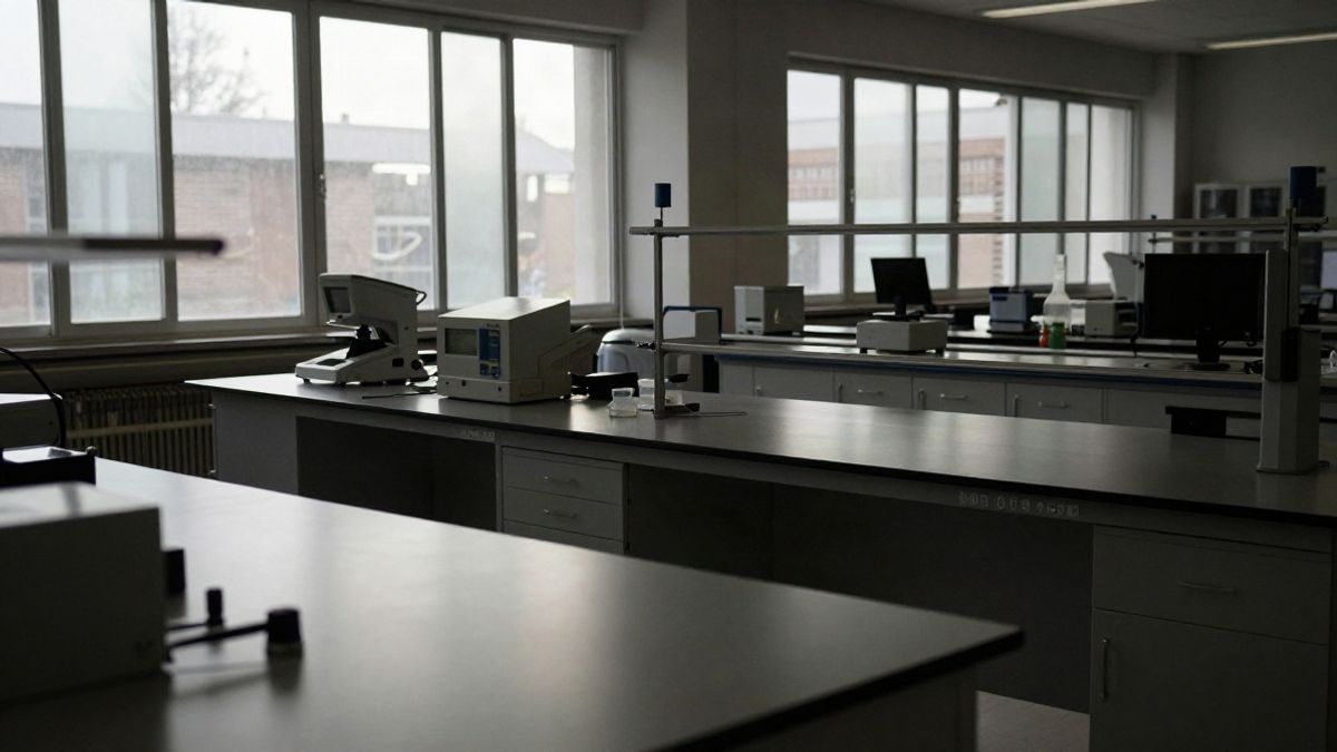 Imagen ilustrativa: interior de un edificio universitario con luz de ventana lateral y mesas de laboratorio vacías
