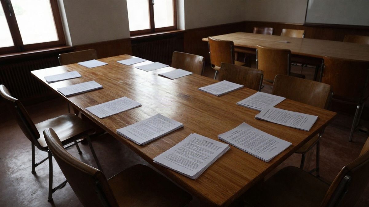 Imagen ilustrativa: vista cenital de una sala de reuniones institucional vacía con una mesa larga y sillas alineadas
