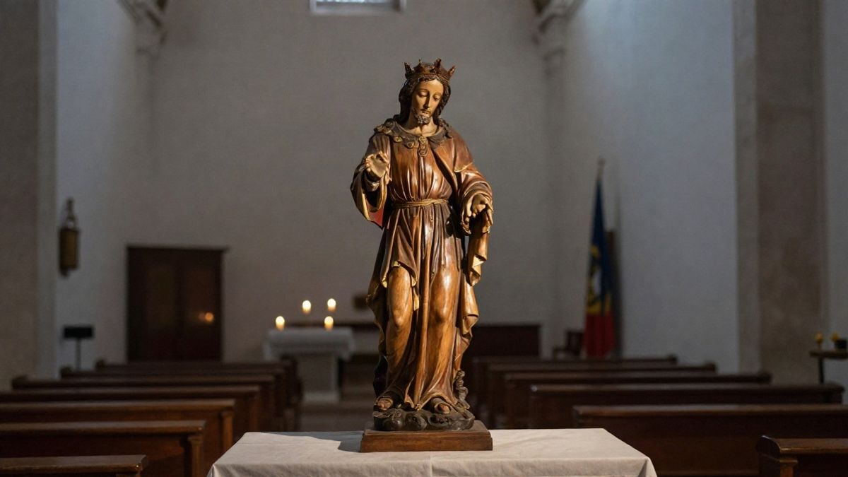 Imagen ilustrativa: una talla religiosa de madera iluminada por focos en el interior de una iglesia.