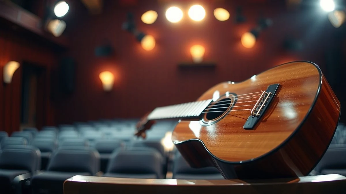 Guitarra sobre una silla de madera con luces de escenario al fondo