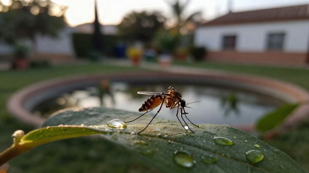 Imagen ilustrativa: un mosquito posado en una hoja con una gota de agua, con luz de atardecer y un jardín desenfocado al fondo.