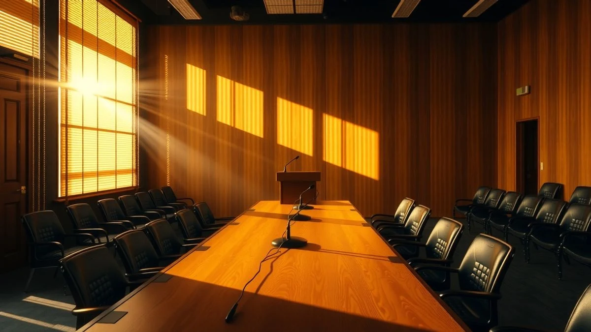Sala de prensa vacía con atril y micrófonos, luz de tarde creando sombras alargadas