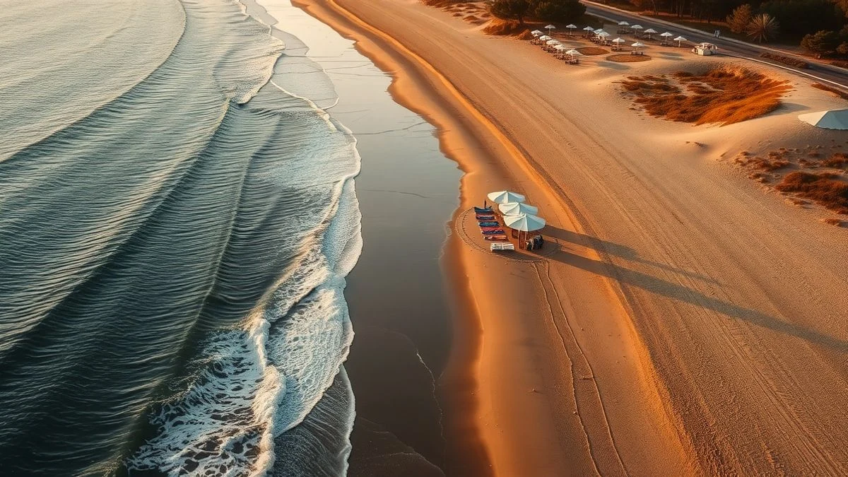 Vista aérea de una playa de arena dorada con sombrillas y dunas al fondo