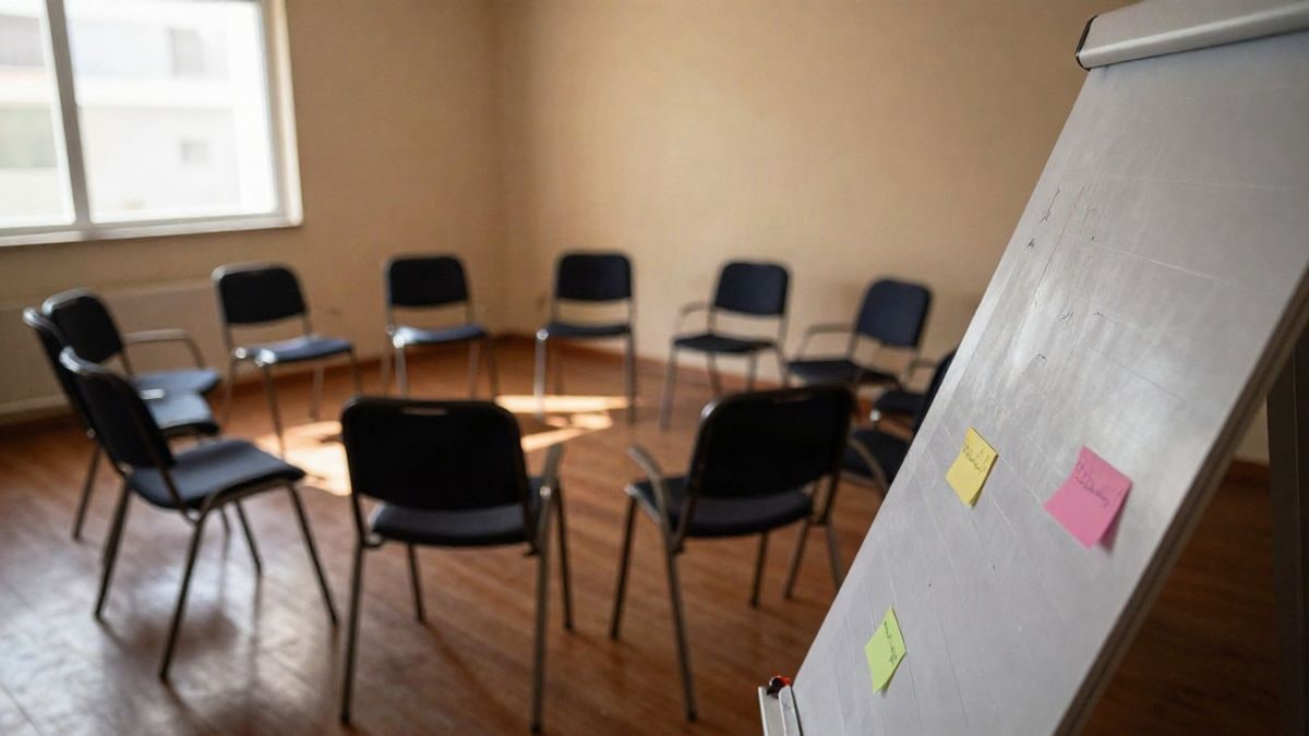 Imagen ilustrativa: sala de reuniones con sillas en círculo y un caballete con notas de colores, luz natural cálida