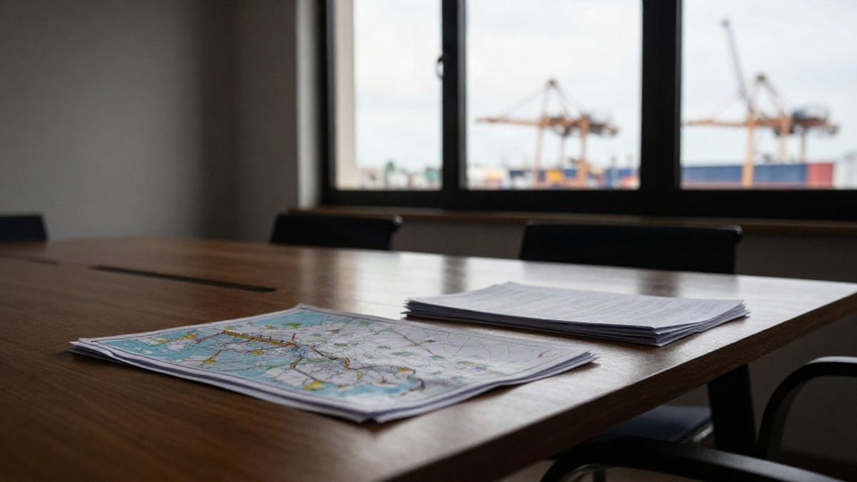 Imagen ilustrativa: sala interior con luz de ventana lateral, mesa con cartas náuticas y documentación de transporte marítimo