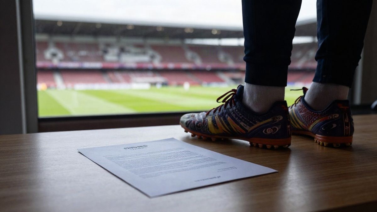 Imagen ilustrativa: botas de fútbol y un contrato sobre una mesa, con un estadio desenfocado al fondo.