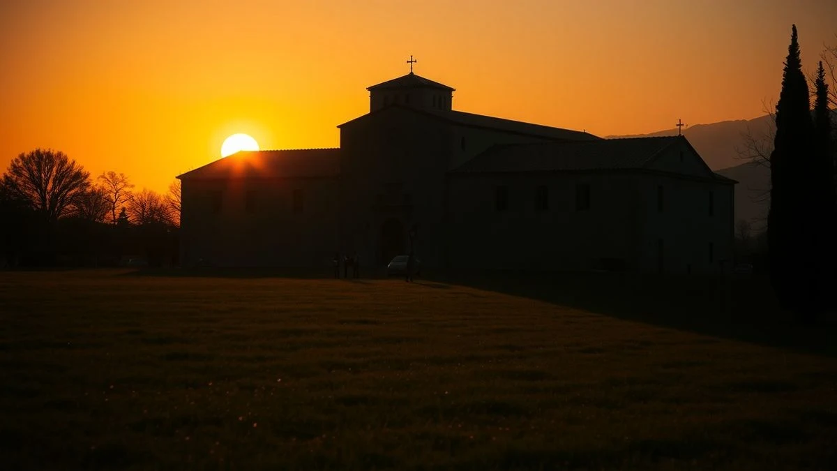 Fachada del monasterio de La Rábida al atardecer, con silueta y sombras largas