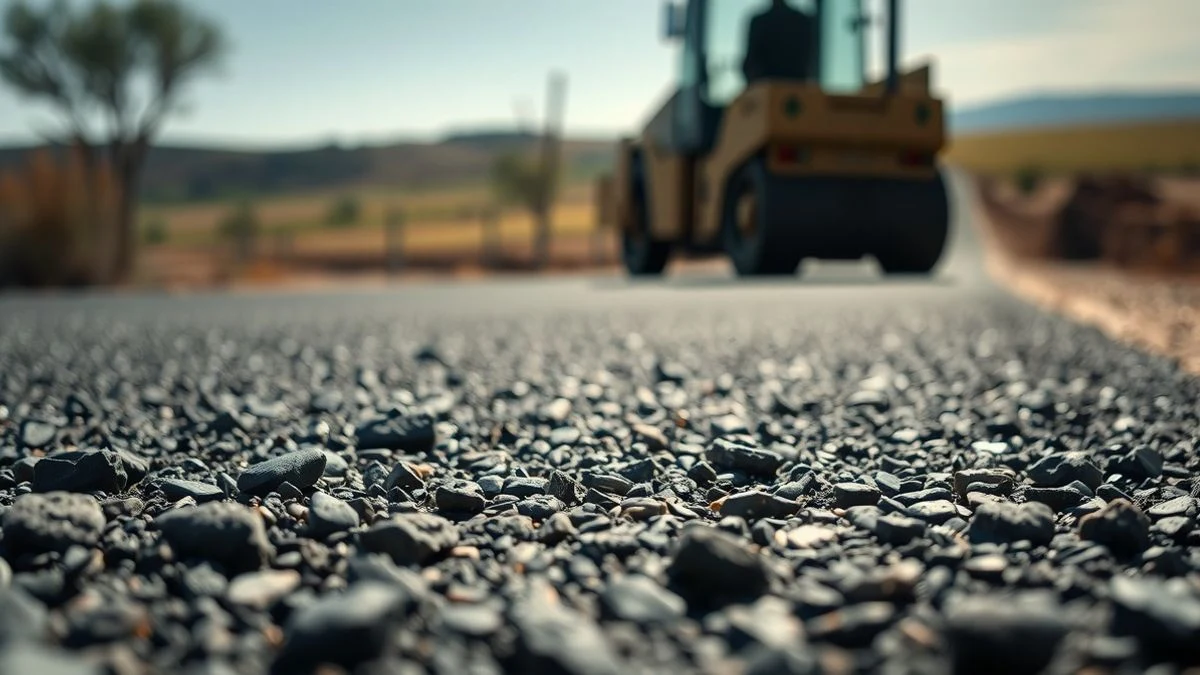 Primer plano de asfalto recién extendido en una carretera rural con un rodillo compactador al fondo