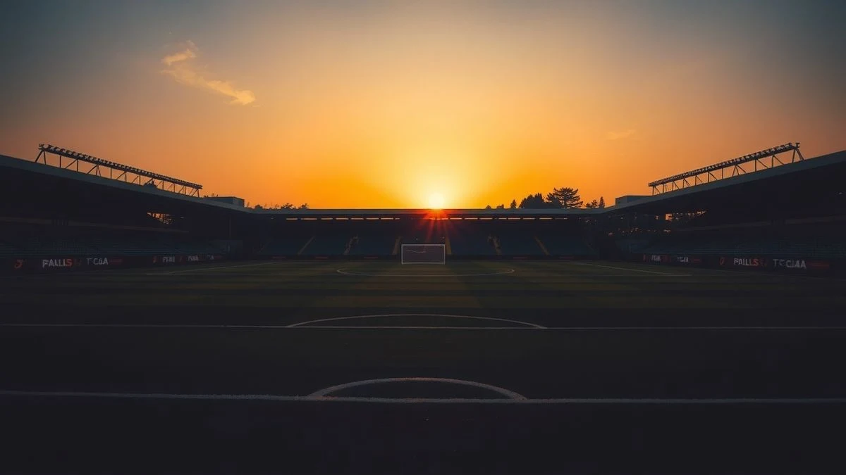 Estadio de fútbol al atardecer con porterías a contraluz y sombras largas