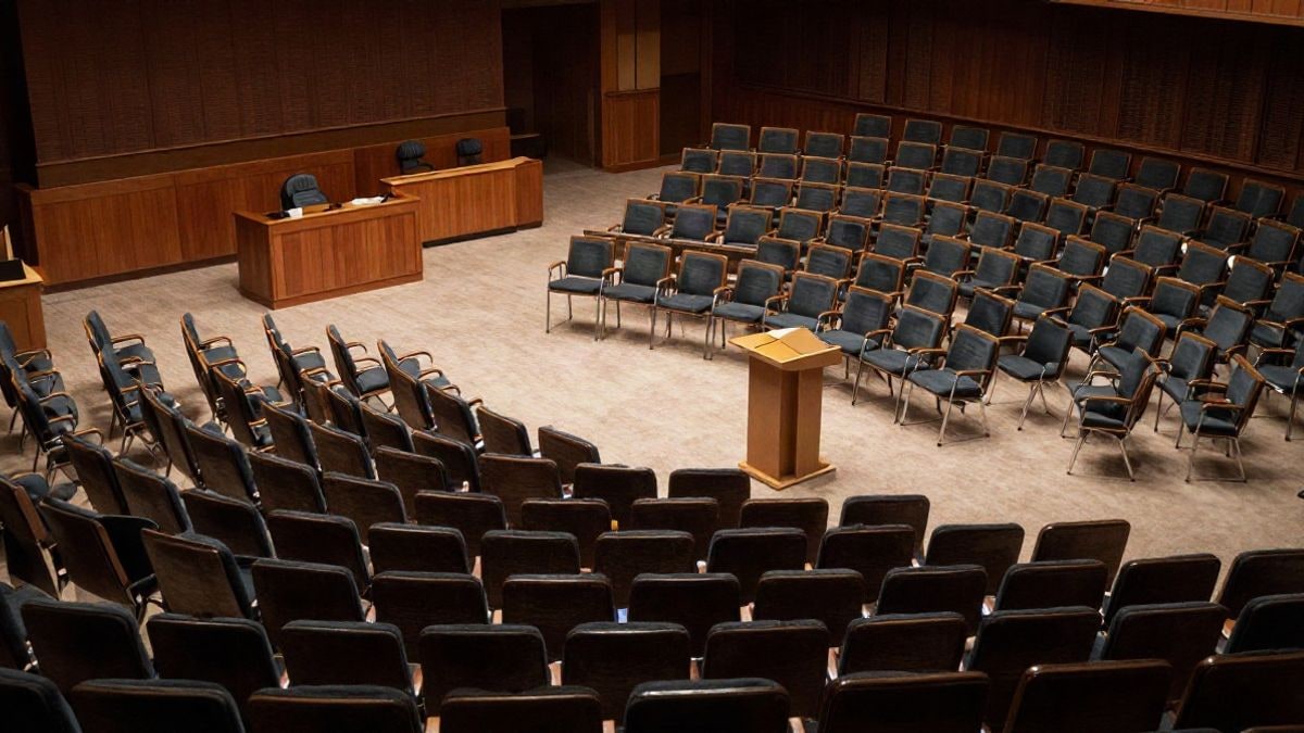 Imagen ilustrativa: vista cenital de un salón de congresos vacío con filas de sillas y un atril