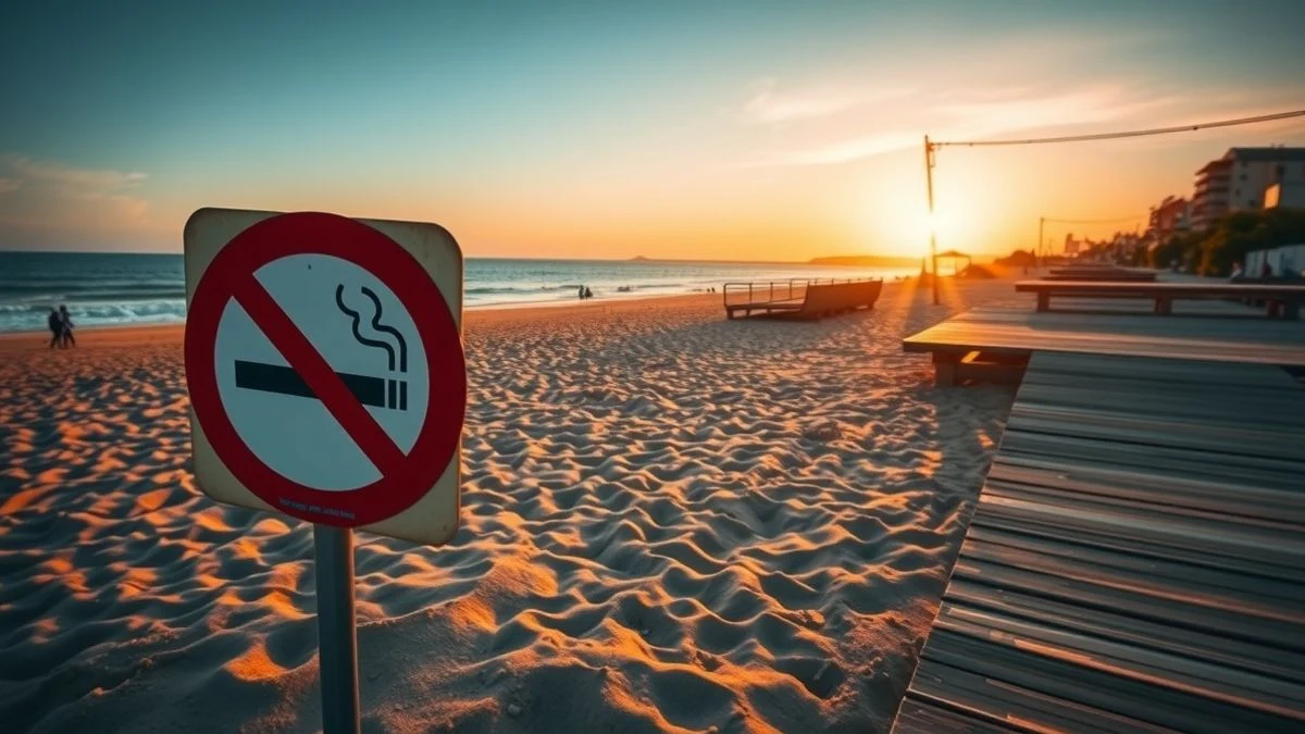 Imagen ilustrativa: una playa al atardecer con un cartel de prohibido fumar en primer plano, el mar y el cielo de fondo, sin personas visibles.