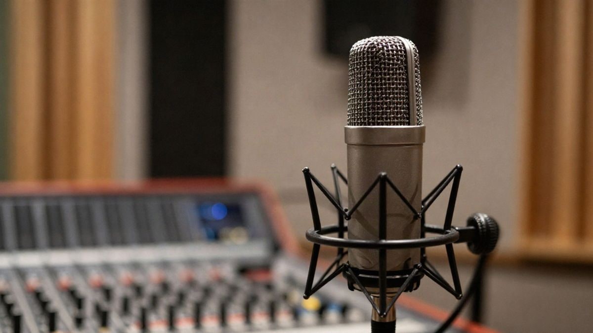 Imagen ilustrativa: primer plano de un micrófono de podcast en un estudio de grabación con paneles acústicos al fondo