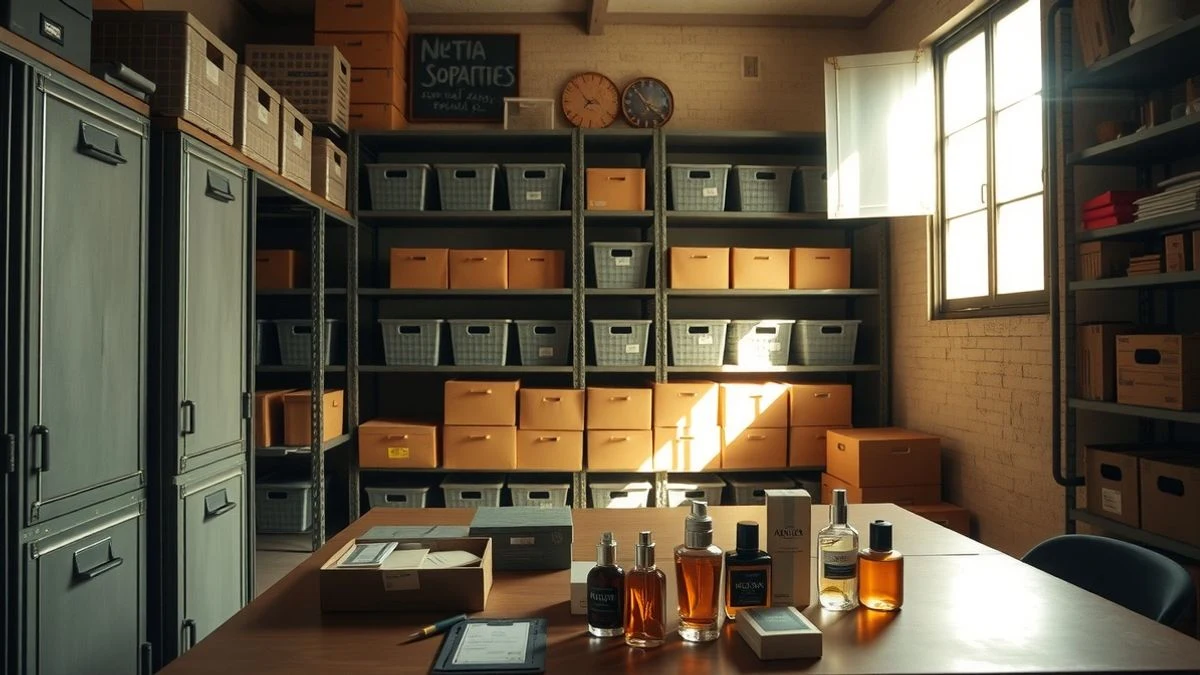 Interior de un almacén con estanterías y cajas, luz tenue, mesa con etiquetas y frascos de perfume.