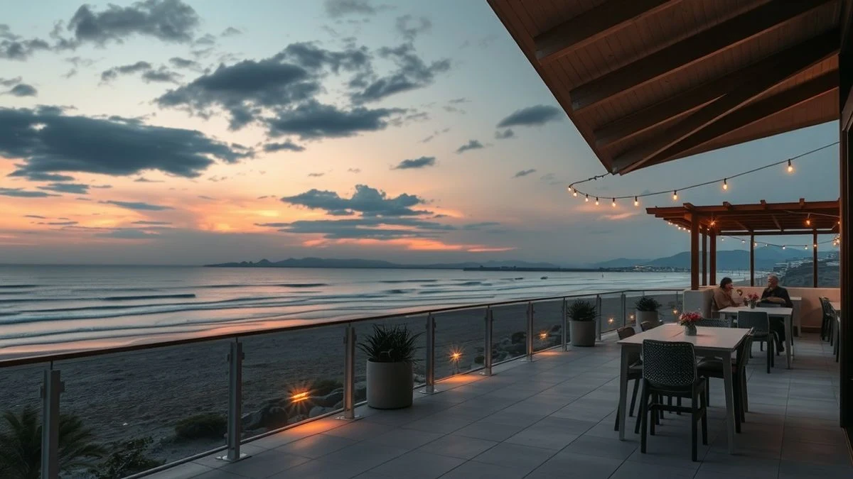 Terraza al aire libre junto al mar al atardecer con un escenario vacío y luces de colores