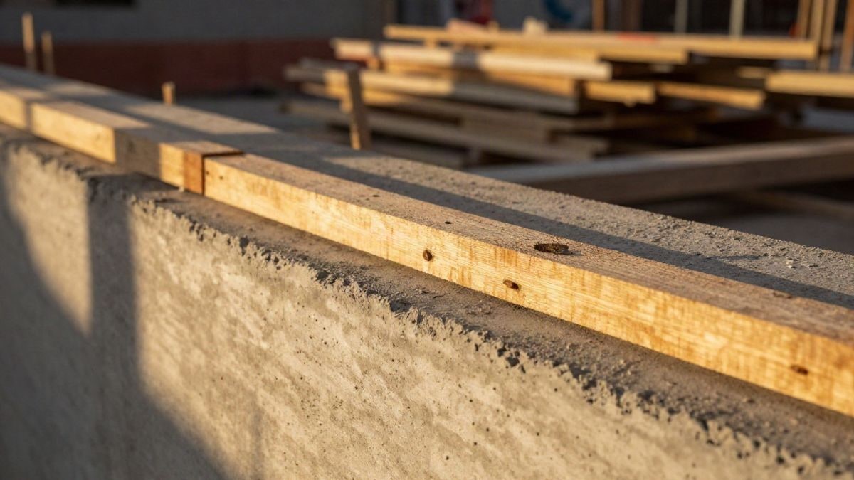 Imagen ilustrativa: detalle de hormigón y tablones de madera en una obra al atardecer, con luz natural y fondo desenfocado
