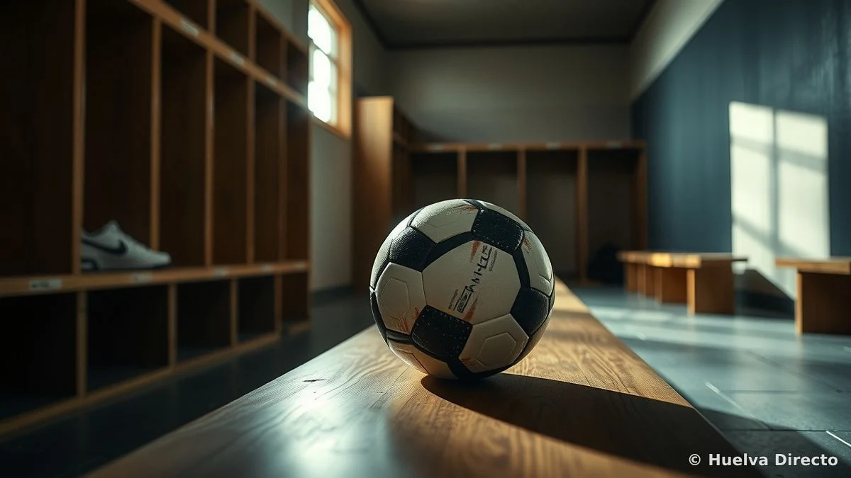 Balón de fútbol sobre un banco de madera en un vestuario iluminado por luz natural