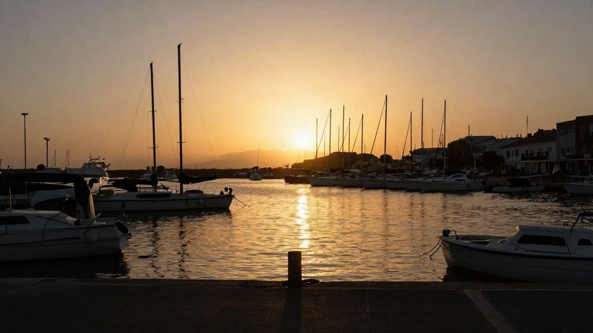 Imagen ilustrativa: contraluz al atardecer en un puerto deportivo con siluetas de barcos y sombras largas