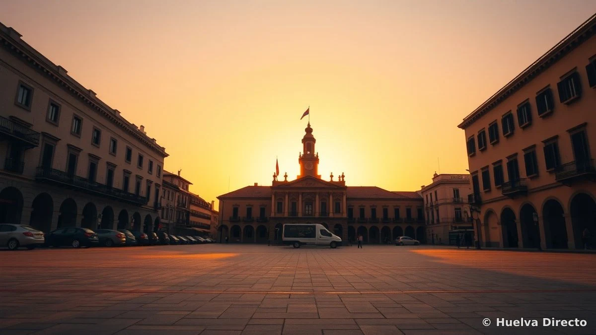 Fachada del Ayuntamiento de Isla Cristina al atardecer, con silueta y sombras largas