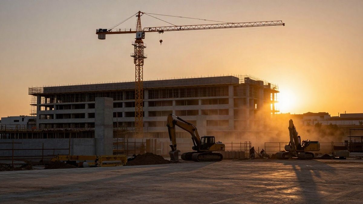 Imagen ilustrativa: obras de un gran edificio hospitalario con grúas al atardecer