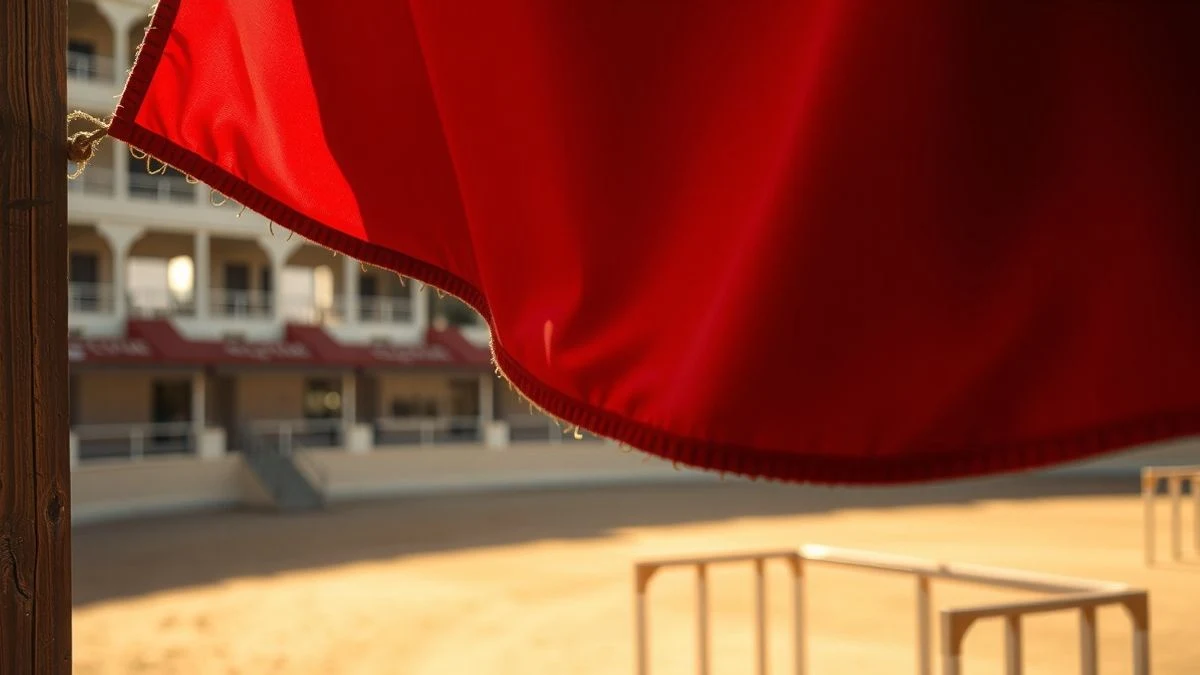 Primer plano de un capote de toreo rojo colgado en una barrera de madera, con luz de atardecer y fondo desenfocado de ruedo vacío
