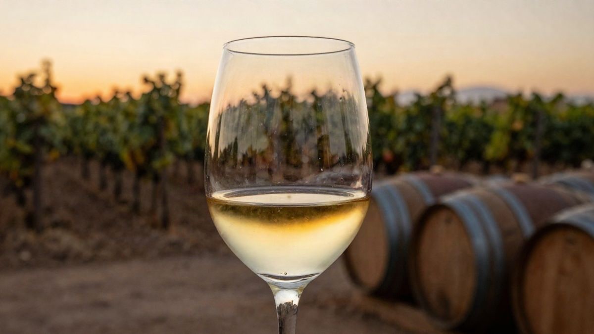 Imagen ilustrativa: copa de vino blanco dorado frente a un viñedo al atardecer con barricas de roble al fondo.