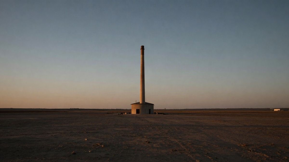 Imagen ilustrativa: chimenea industrial pequeña en un paisaje llano al atardecer, con amplio cielo despejado