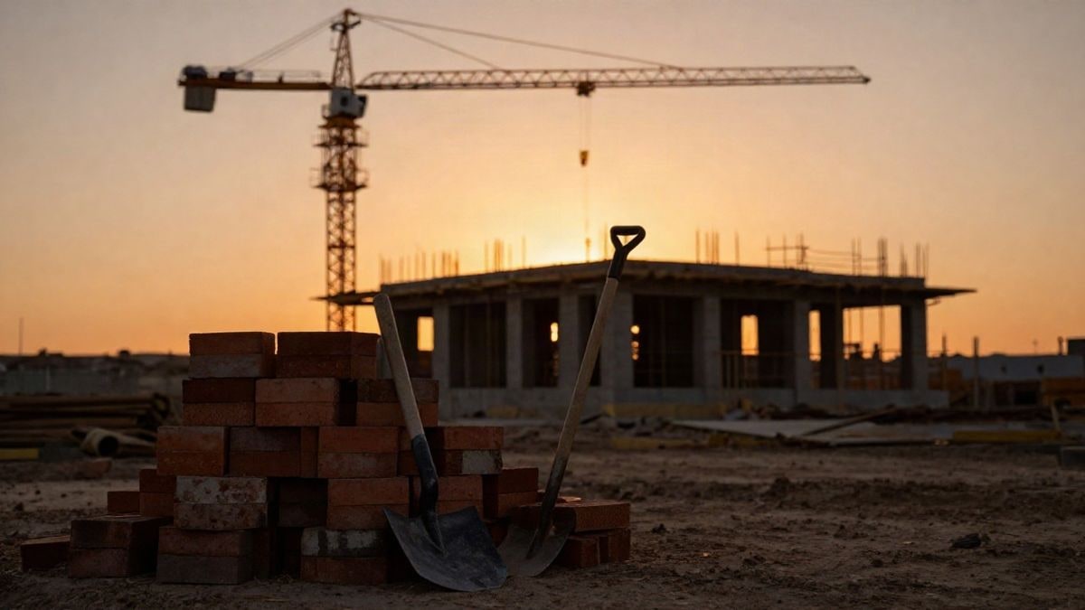 Imagen ilustrativa: siluetas de grúa y estructura en obra al atardecer