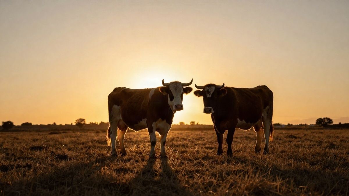 Imagen ilustrativa: siluetas de dos vacas en un campo al atardecer con sombras largas