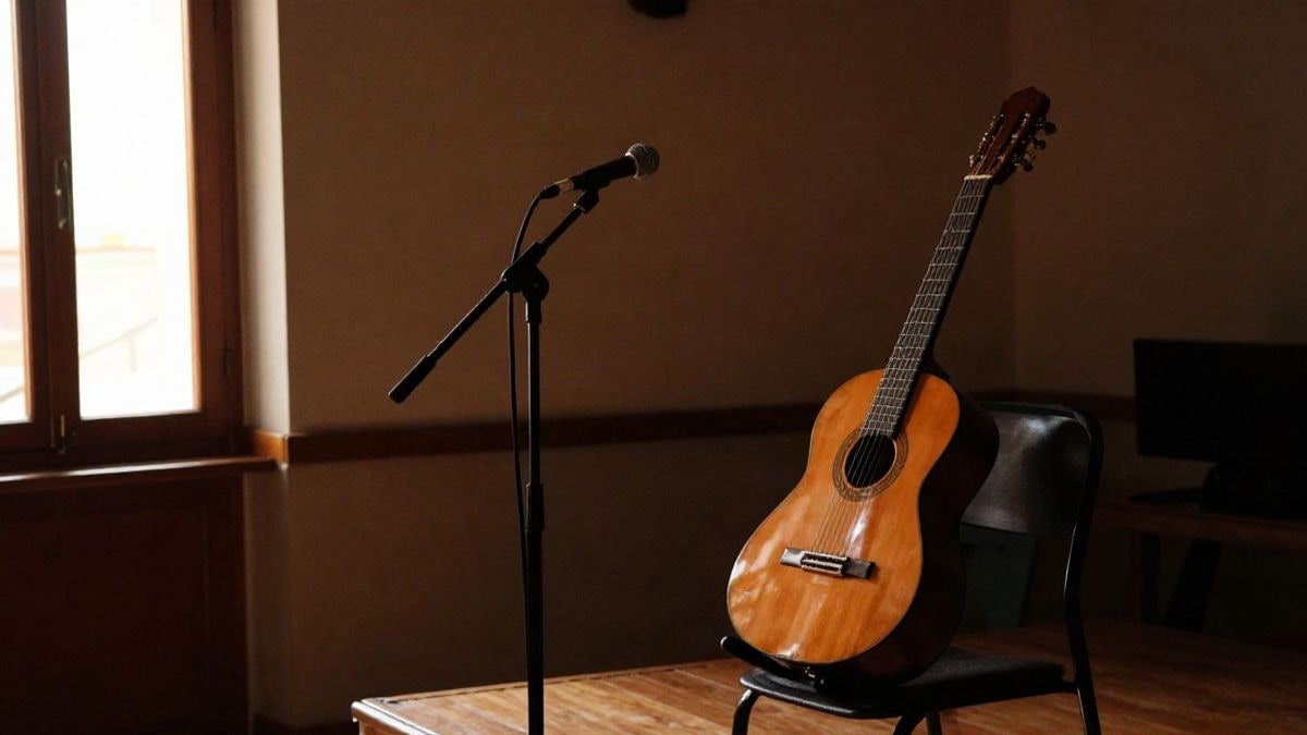 Imagen ilustrativa: un micrófono sobre un escenario íntimo con una guitarra española en una silla, iluminado por luz lateral de ventana