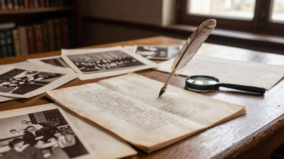 Imagen ilustrativa: manuscritos antiguos y fotografías en tono sepia sobre una mesa de madera, con una pluma y una lupa