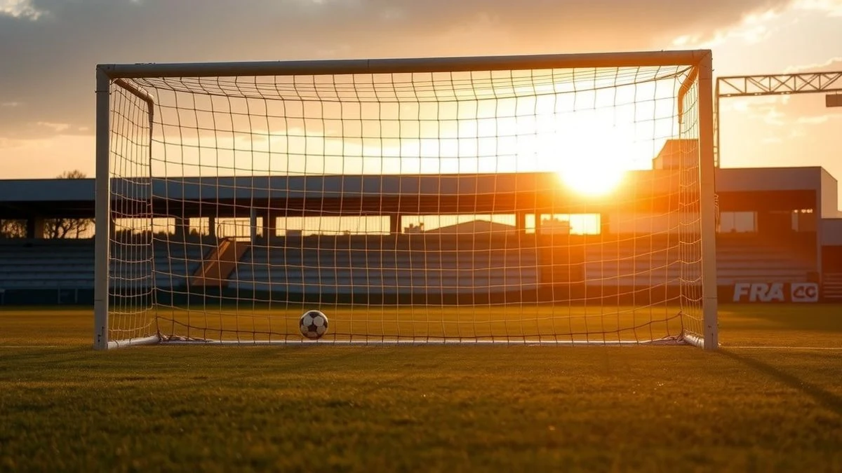 Imagen ilustrativa: una portería de fútbol con la red a contraluz al atardecer, con sombras alargadas sobre el césped y un balón en el área de penalti.
