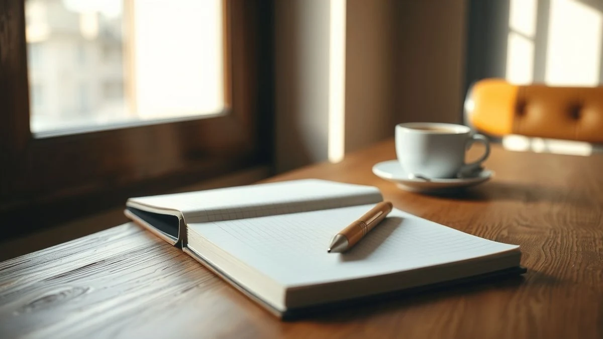 Escritorio de madera con libreta, bolígrafo y taza de café iluminado por la luz de la tarde