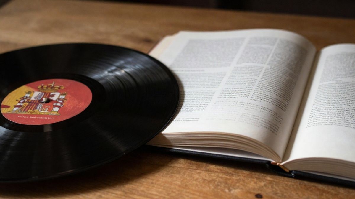 Imagen ilustrativa: un disco de vinilo y un libro abierto sobre una mesa de madera
