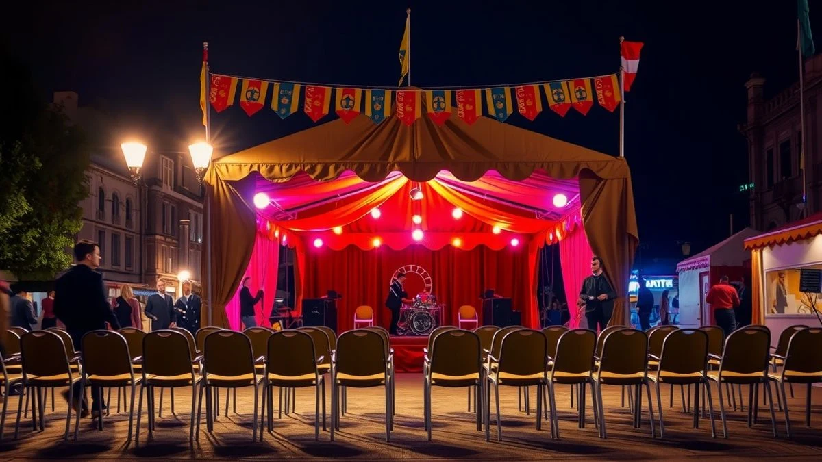 Imagen ilustrativa: caseta de feria iluminada con luces de colores y escenario vacío durante la noche