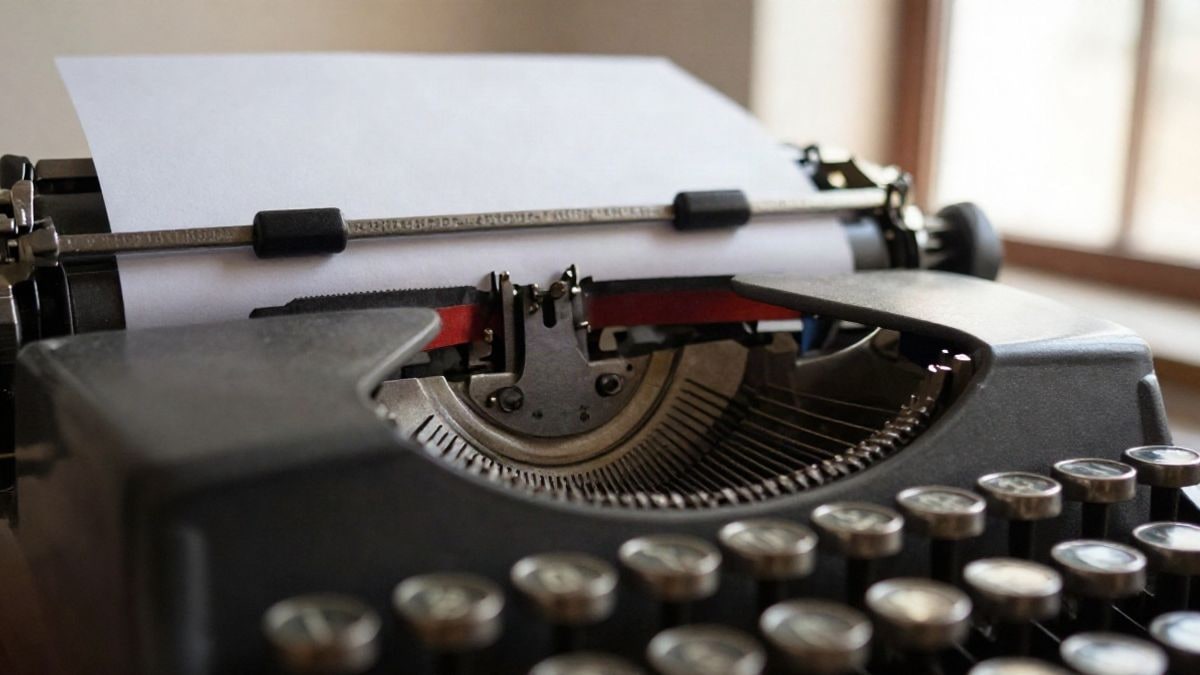 Imagen ilustrativa: primer plano de una máquina de escribir vintage con una hoja en blanco