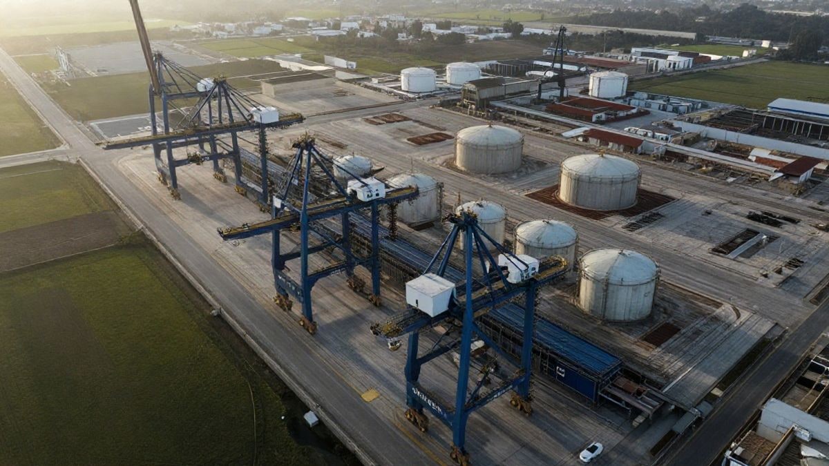 Imagen ilustrativa: vista cenital de una zona industrial portuaria con grúas y tanques de almacenamiento