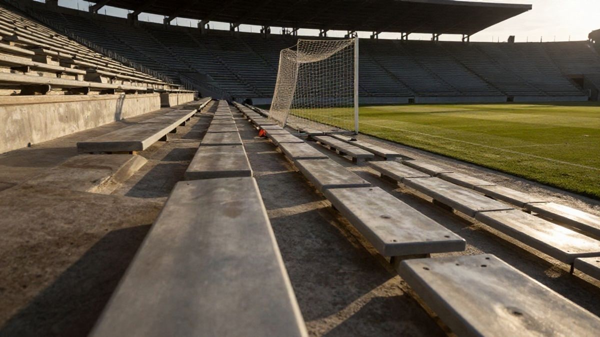 Imagen ilustrativa: gradas vacías de un estadio de fútbol vistas en gran angular al atardecer