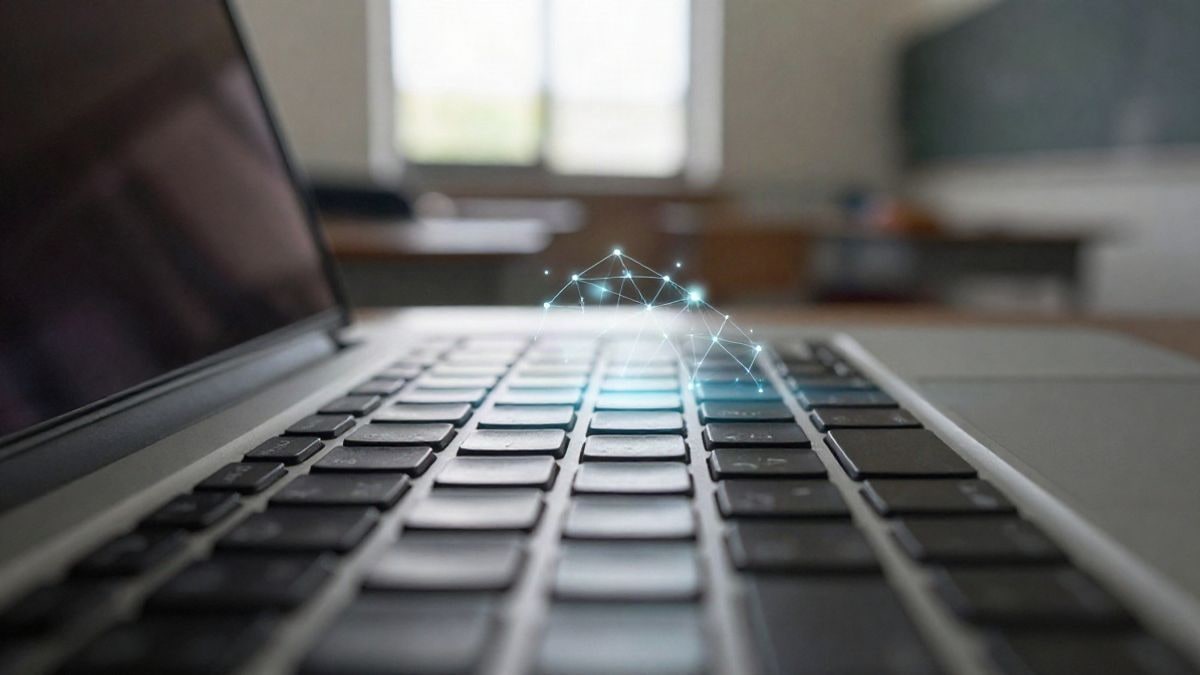 Imagen ilustrativa: primer plano de un teclado de portátil con un resplandor digital difuminado