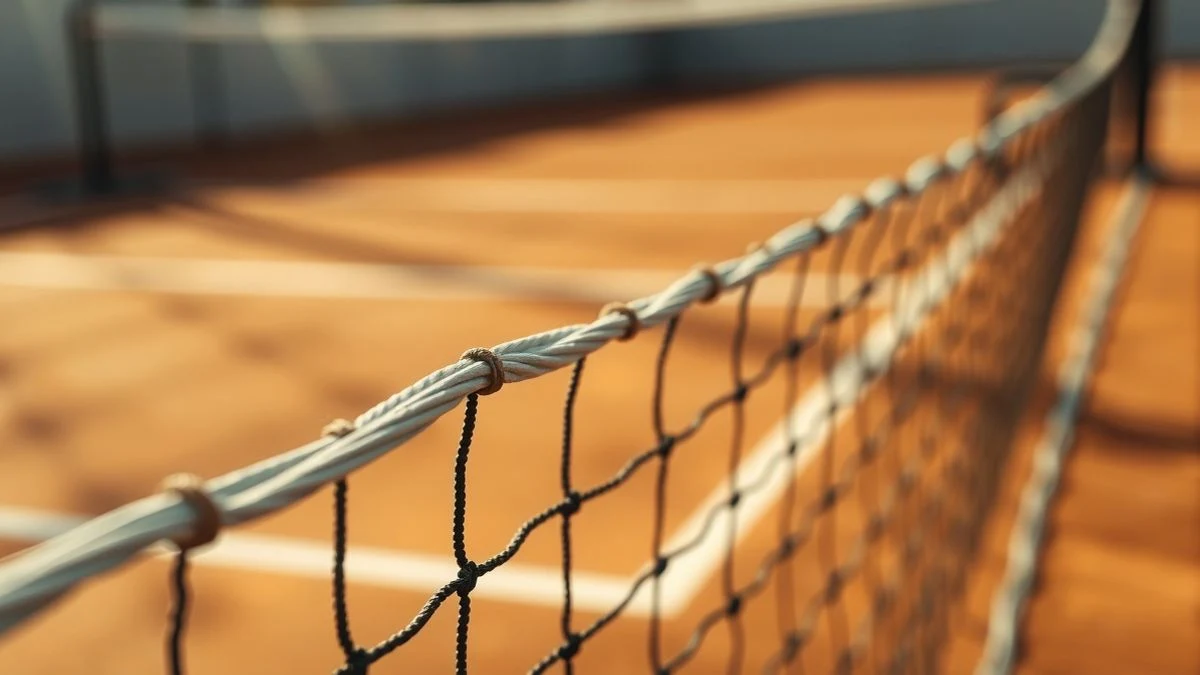 Imagen ilustrativa: detalle de la red de tenis sobre una pista de tierra batida, con luz natural y sombras suaves.