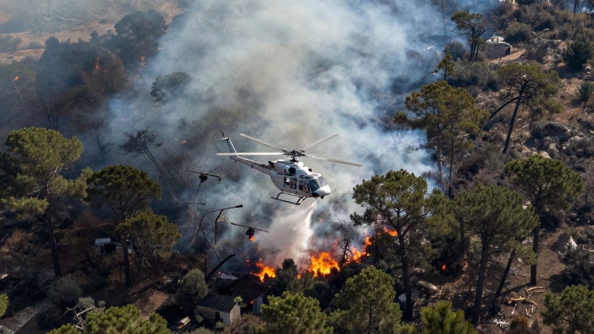 Imagen ilustrativa: un helicóptero descarga agua sobre un incendio forestal en un paisaje mediterráneo