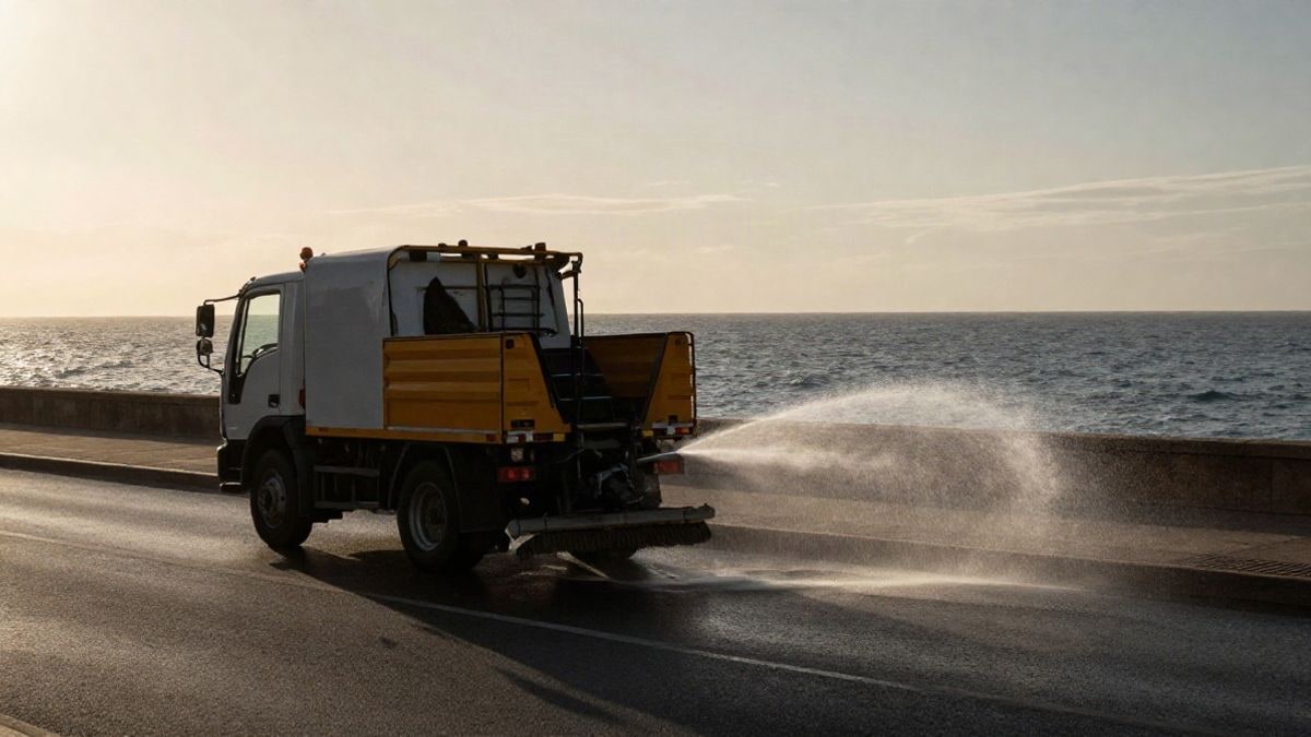 Imagen ilustrativa: una máquina de baldeo con agua pulverizada en un paseo marítimo al atardecer, con el mar al fondo.