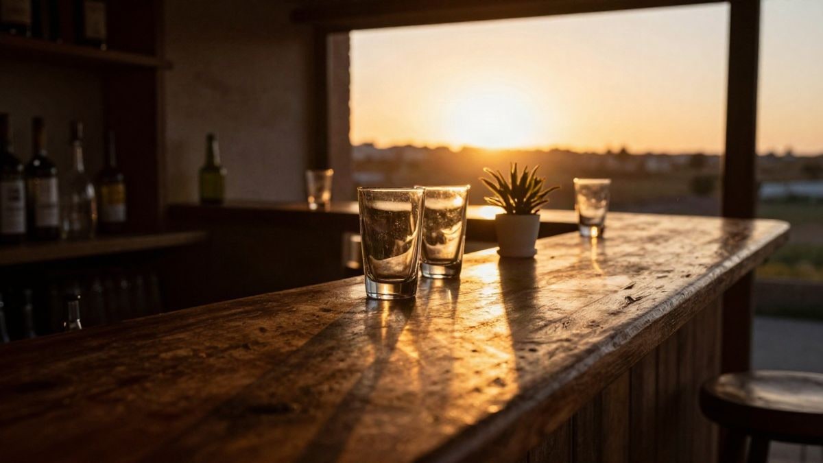 Imagen ilustrativa: contraluz al atardecer en una barra de bar con vasos y una planta, sombras largas