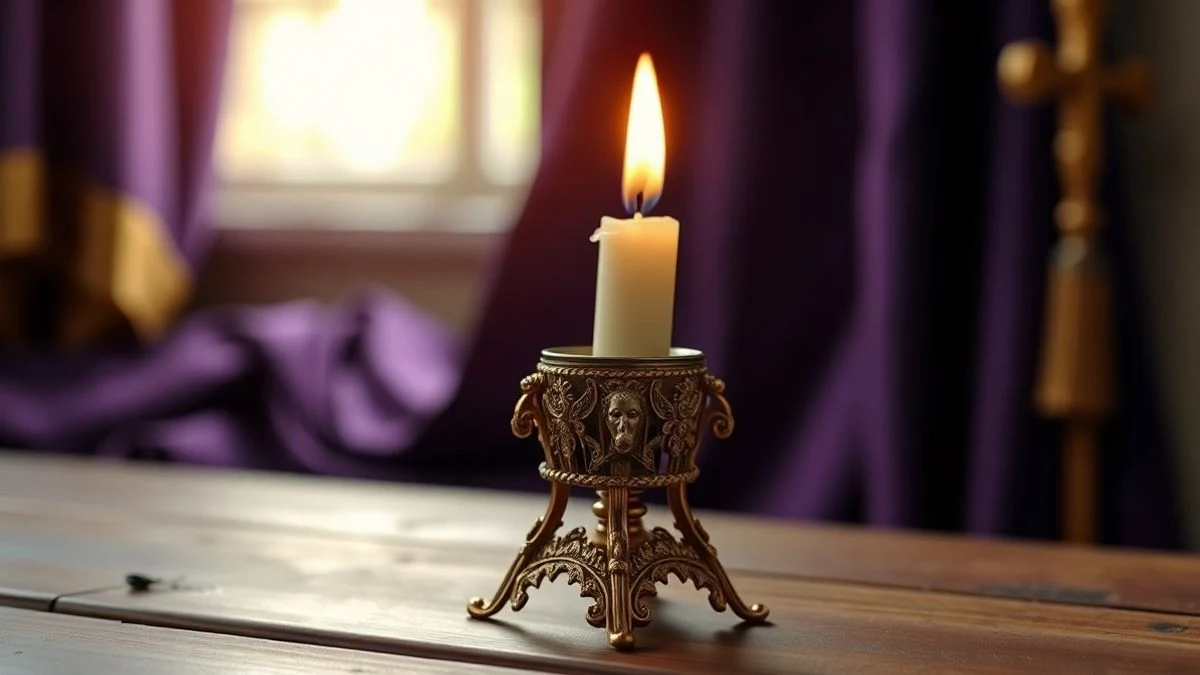 Imagen ilustrativa: un cirio procesional encendido sobre una superficie de madera, con un fondo desenfocado de telas moradas y doradas, iluminado por una luz cálida.